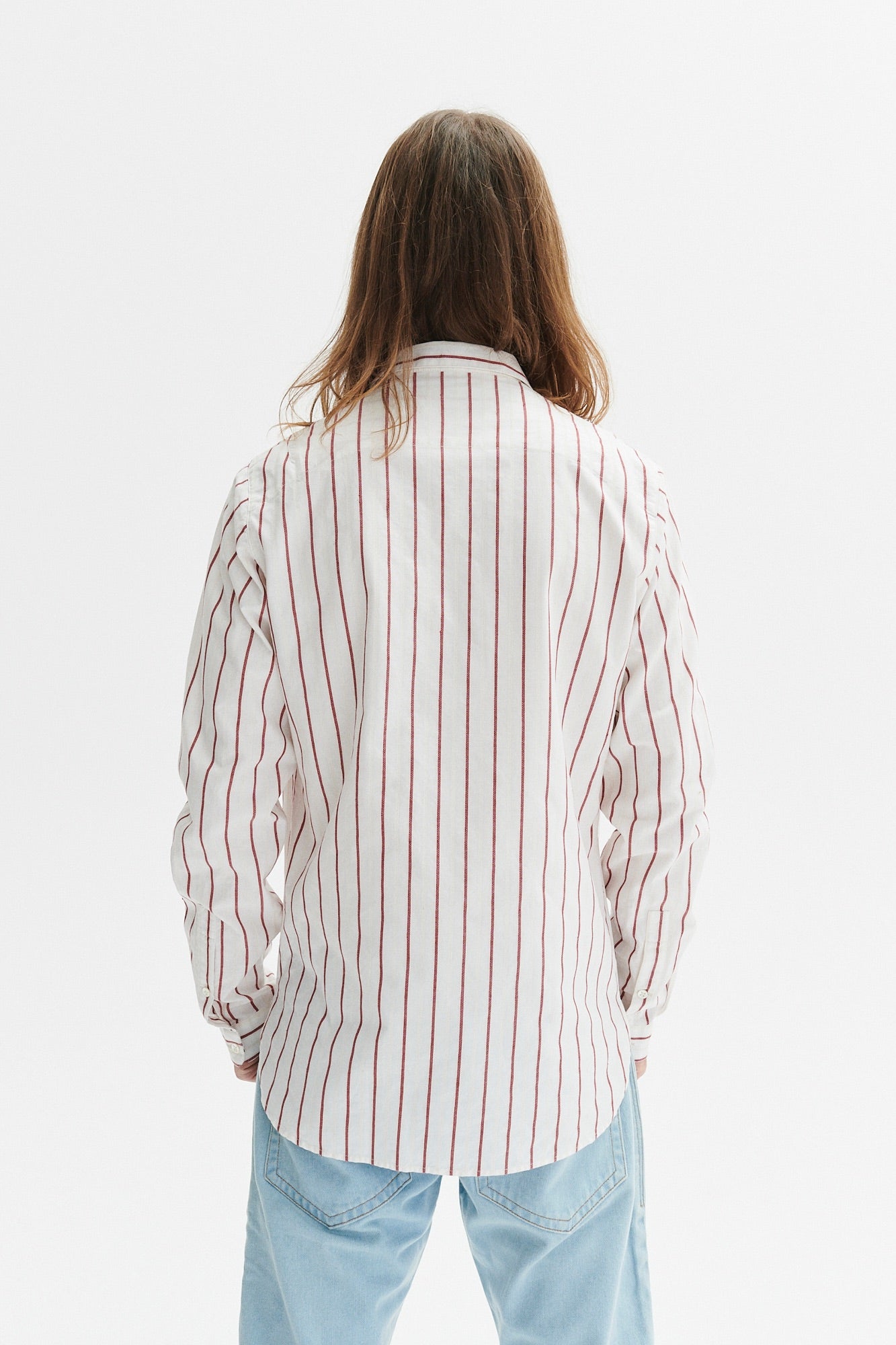 Cute Round Collar Shirt in a White and Wine Red Striped Italian Organic Cotton