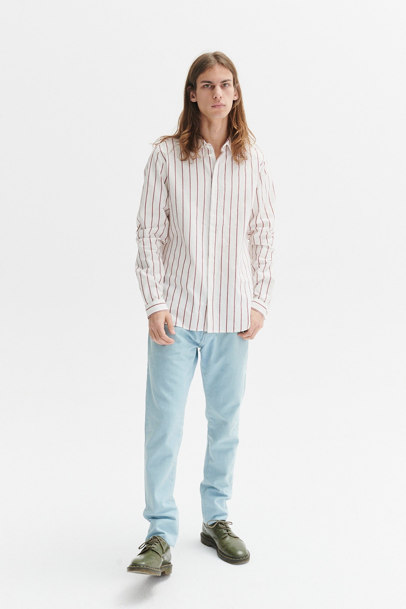 Cute Round Collar Shirt in a White and Wine Red Striped Italian Organic Cotton