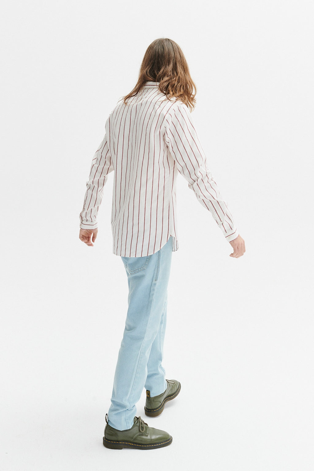 Cute Round Collar Shirt in a White and Wine Red Striped Italian Organic Cotton