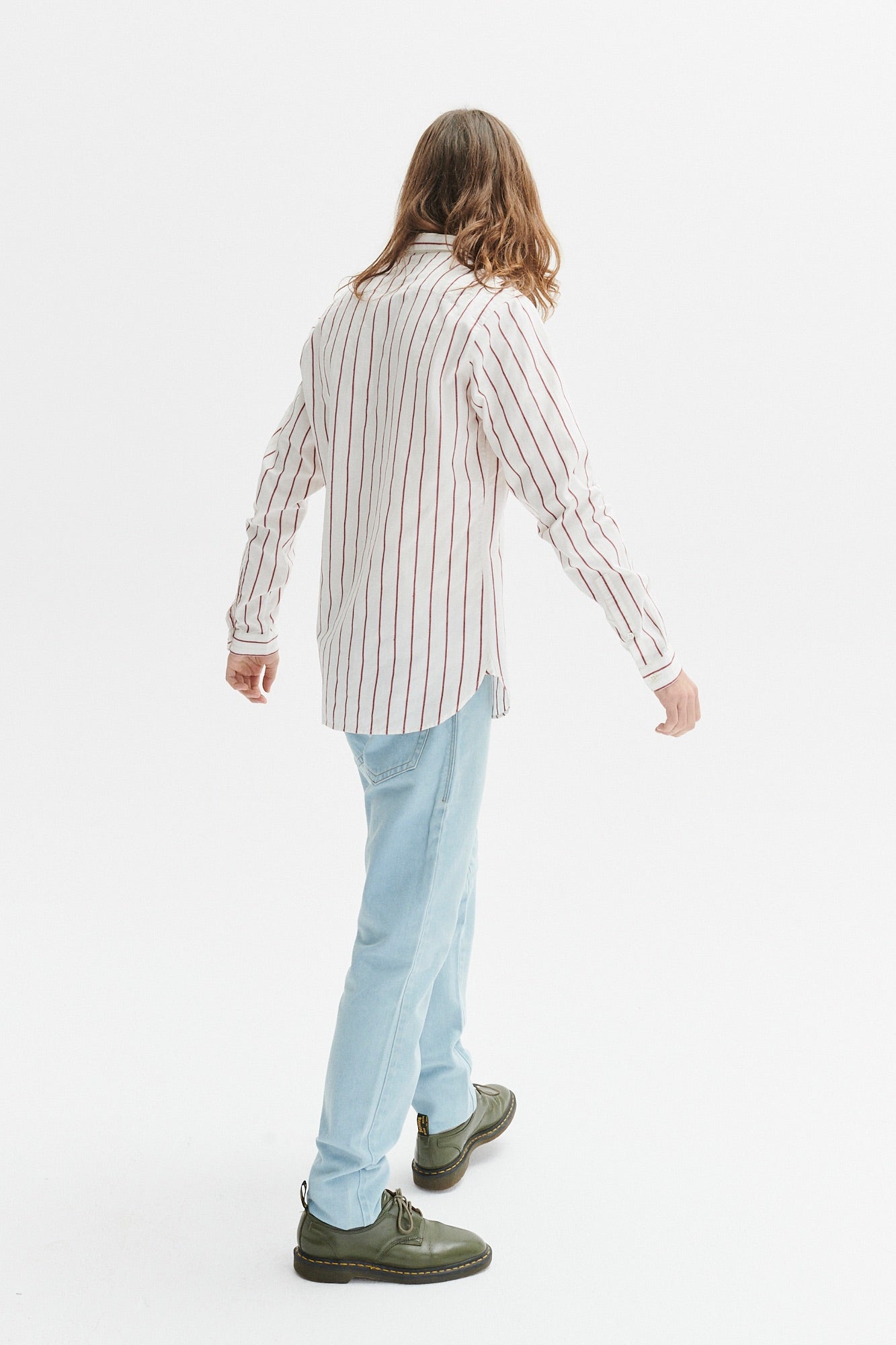 Cute Round Collar Shirt in a White and Wine Red Striped Italian Organic Cotton
