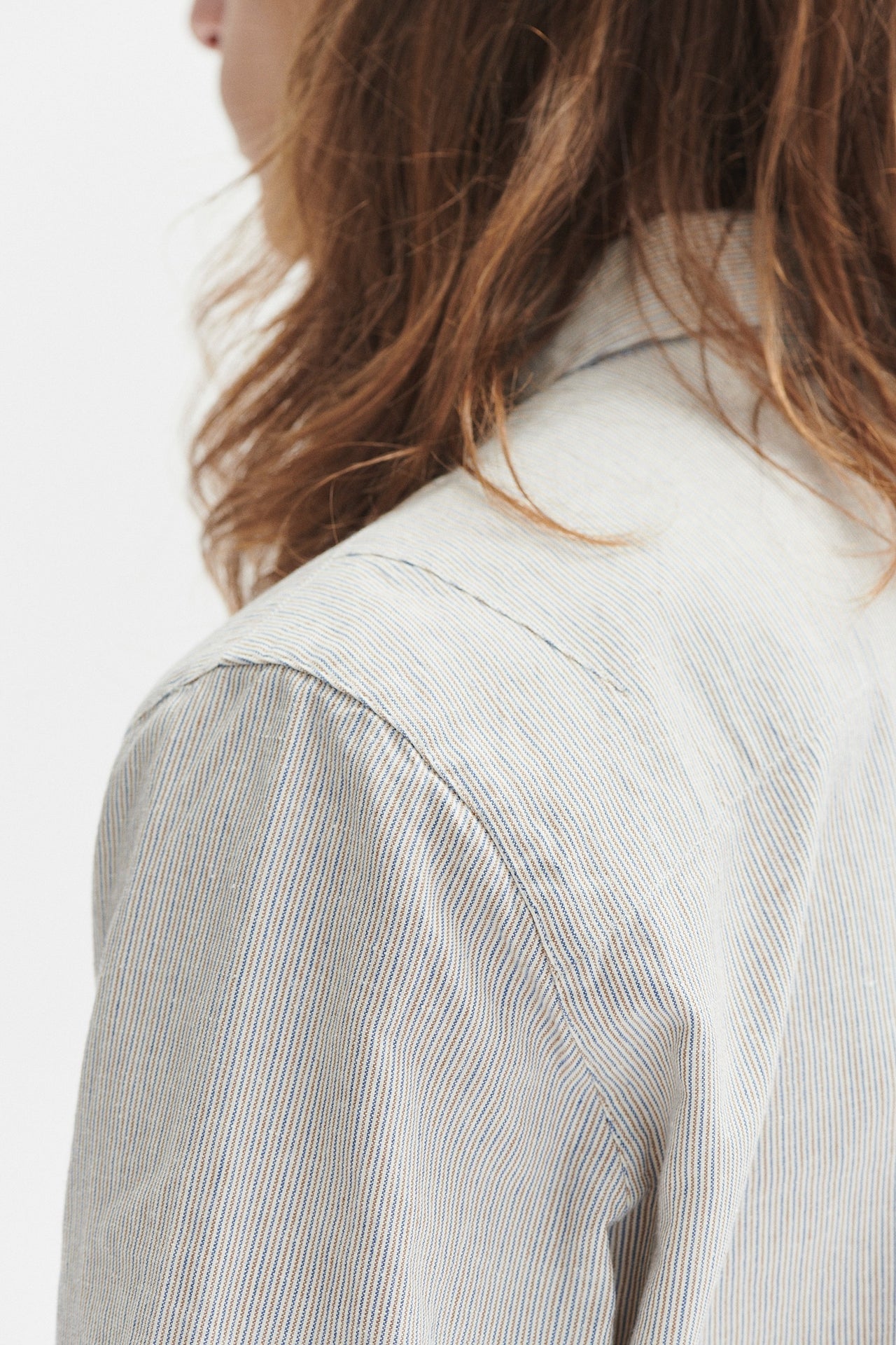 Feel Good Shirt  in a Subtle Light Brown Cream and Blue Striped Vintage Portuguese Cotton