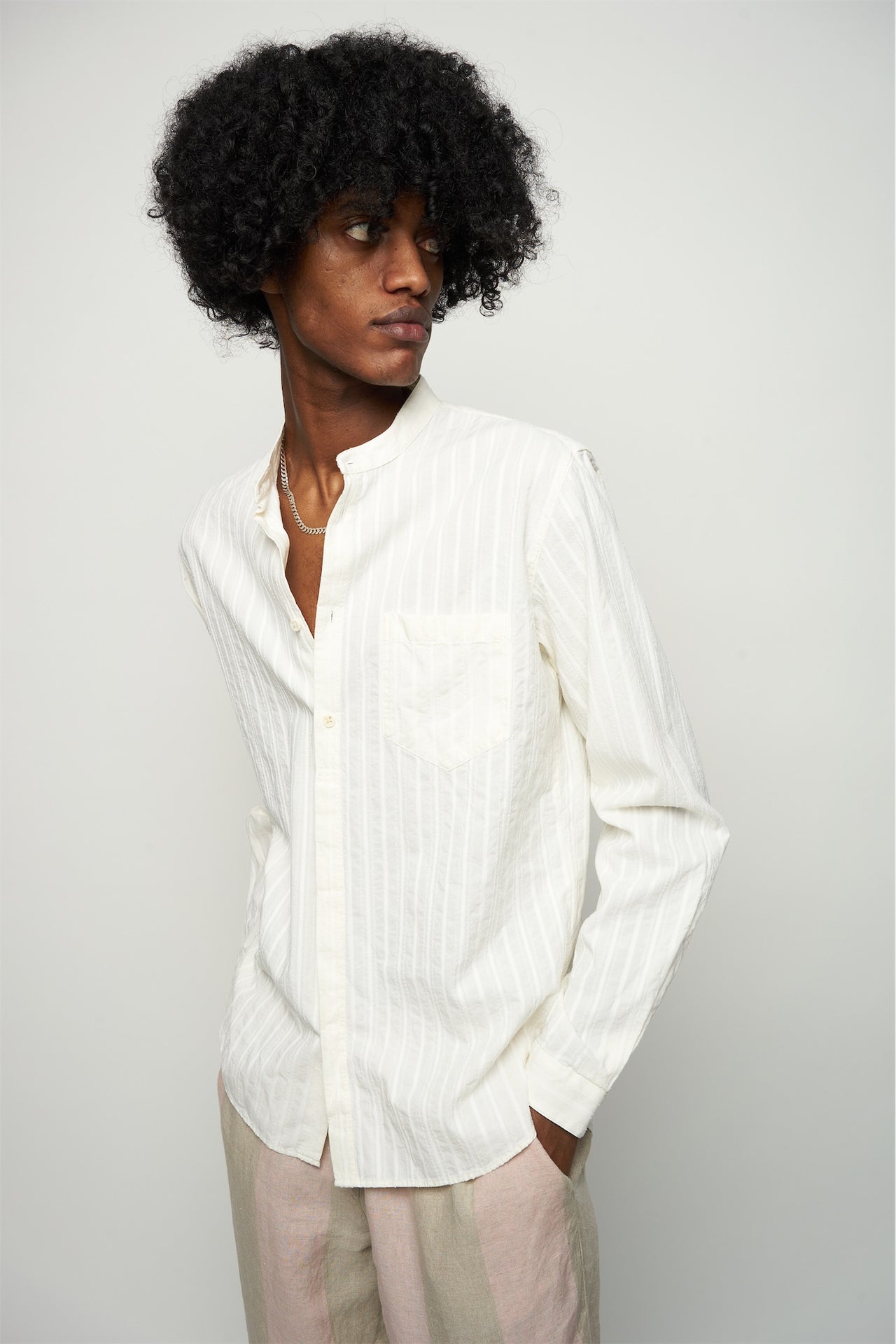Zen Shirt in an Off-White Structural Tonal Striped Italian Cotton