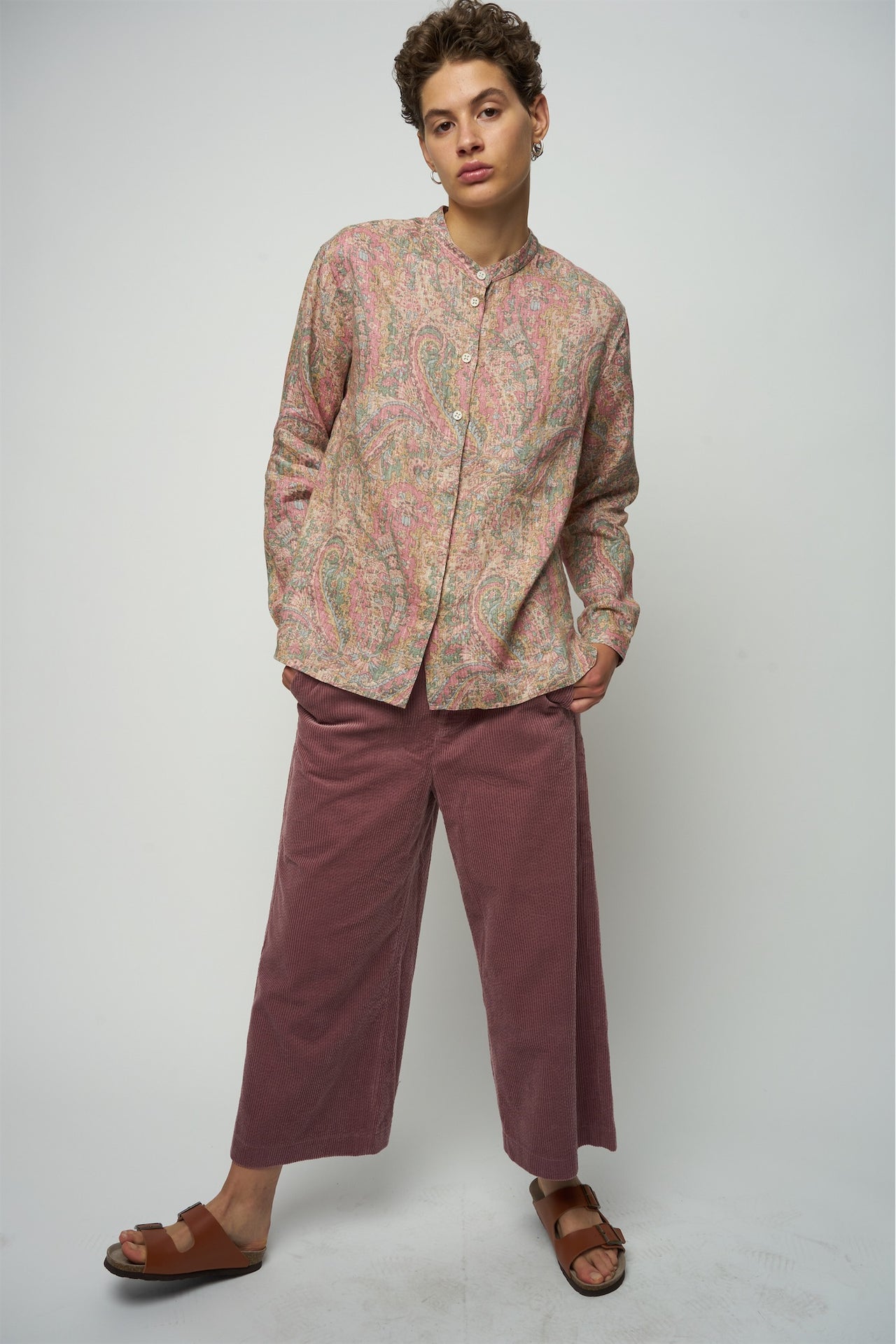 Zen Shirt in a Pink, Green and Beige Shaded Paisley Design Japanese Linen